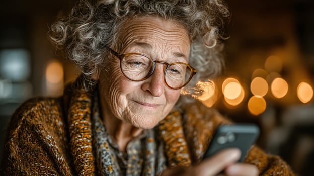 elderly woman examining telehealth results with deep concentration photo