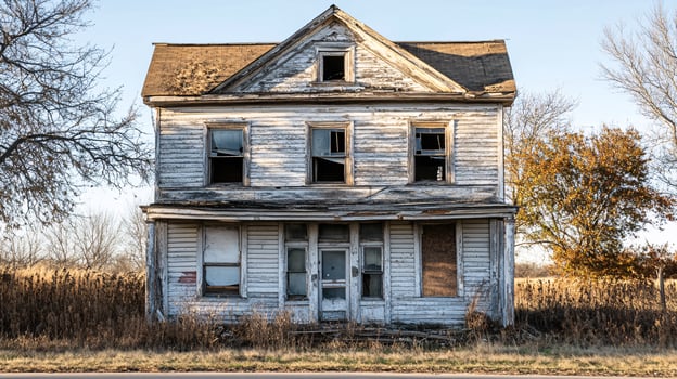 Abandoned industrial building with a weathered facade and broken windows photo
