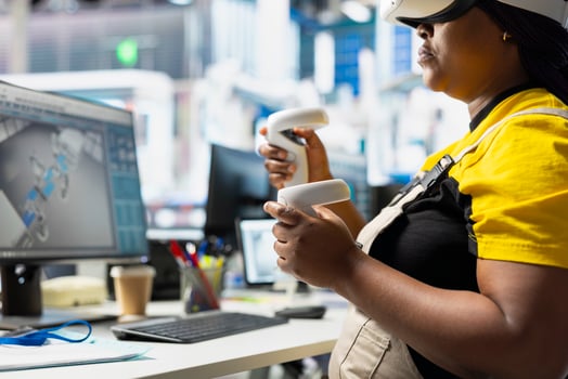 Black woman technician testing solar panel designs on VR headset, using digital industrial software to work in alternative energy manufacturing plant. Engineer optimizing the production line. photo