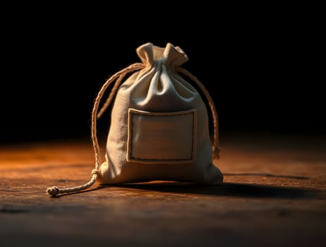 Small Cotton Drawstring Pouch on Wooden Surface Blank Label Rustic Minimalist photo
