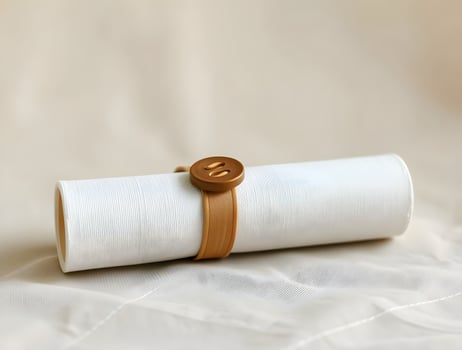 A roll of toilet paper with a wooden button photo