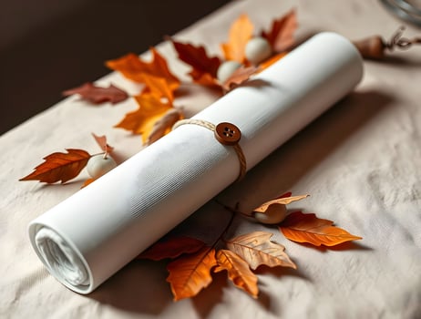Autumnal Elegance White Rolled Fabric with Fall Leaves photo