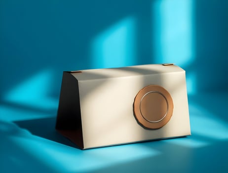 A white box with a brown handle sitting on a blue surface photo
