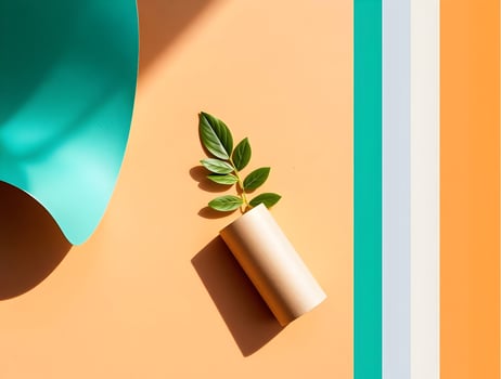 A plant in a paper cup on an orange and blue background photo