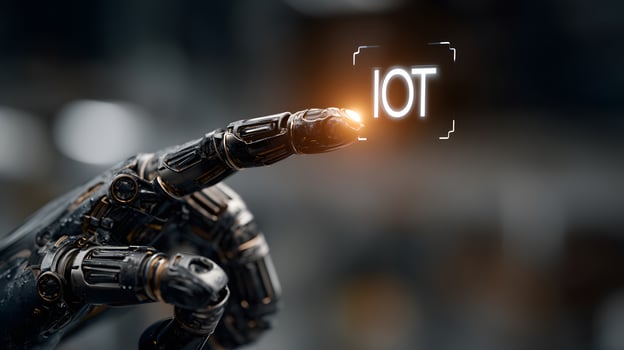 Futuristic Interaction - Robotic Finger Engaging with Glowing Internet of Things Symbol photo