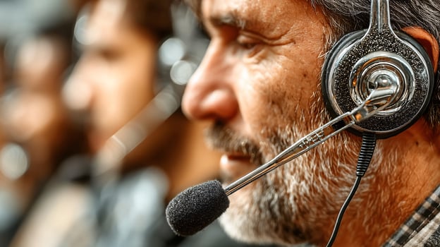 Focused Call Center Headset and Monitor Amidst Active Team photo