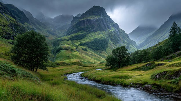 Glencoe Valley in Scotland Bathed in Atmospheric Misty Light photo
