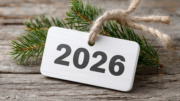 Sign displaying the year 2026 with a sprig of pine on a rustic wooden surface photo