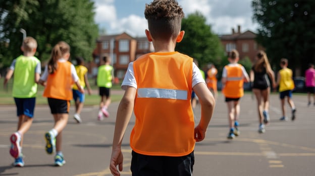 Children participating in community sports day, wearing bright vests photo
