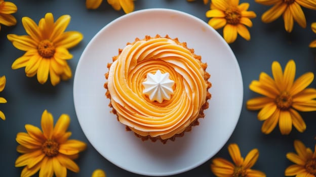 Delicious orange cupcake surrounded by vibrant yellow flowers photo