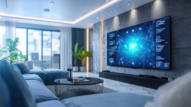 Futuristic living room with smart technology and digital interfaces photo
