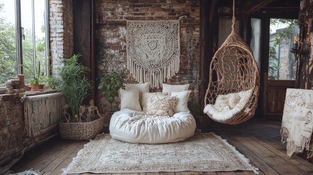 Cozy boho home decor with plants, macrame, and hanging chair photo