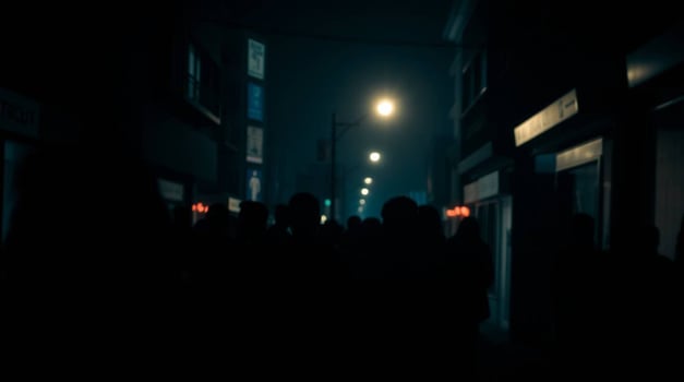 Eerie urban street at night with ominous crowd walking into the darkness under the glowing streetlights photo