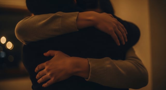Close up of two people embracing warmly, showing support and affection. photo