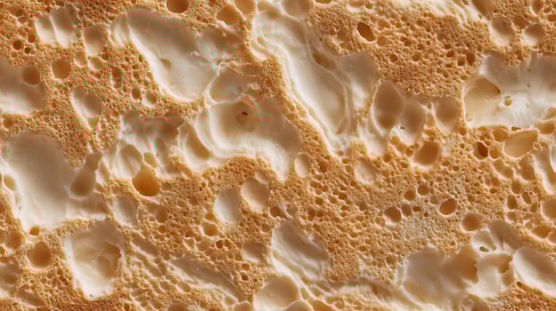 Detailed macro shot of a golden-brown, porous baked food surface. Seamless tile. photo