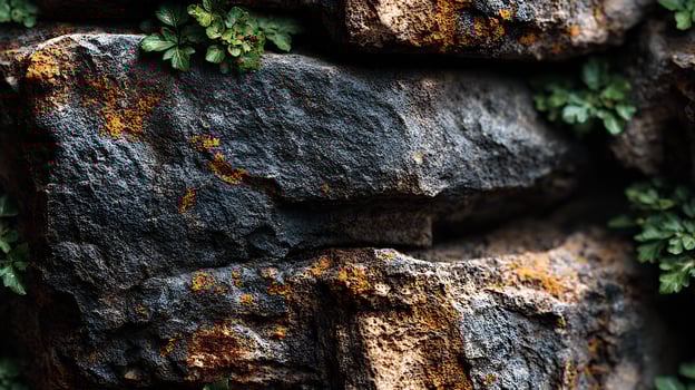 Textured rock wall close-up. Features rough dark stones, green foliage, and natural orange hues. Seamless tile. photo