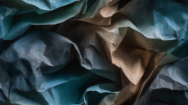 Close-up of wrinkled blue and brown fabric creating an abstract background texture. Seamless tile. photo