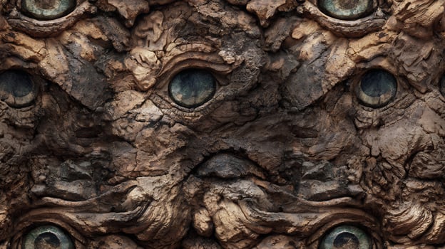 Close-up of a mysterious rock texture with numerous strange eyes. Dark, abstract, and organic background. Seamless tile. photo