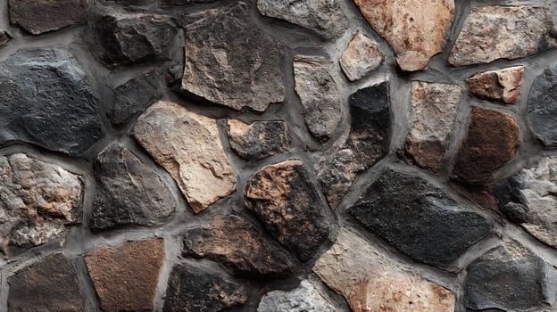 Textured surface of a rugged stone wall, showing varied rock patterns and colors. Seamless tile. photo