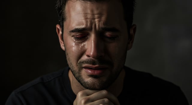 Close-up portrait of a man shedding tears, expressing deep sorrow and pain. photo