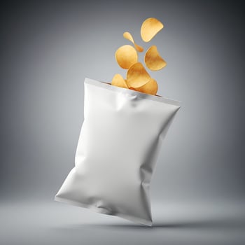 Design Mockup on a Blank Potato Chips Snack Bag with Floating Chips and Crumbs 2 photo