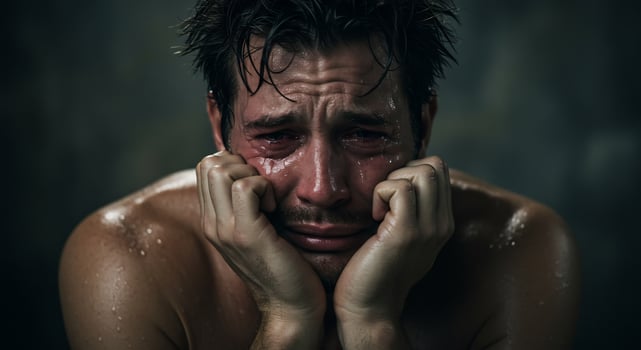 Distraught male expressing profound sadness, overwhelmed with tears. photo