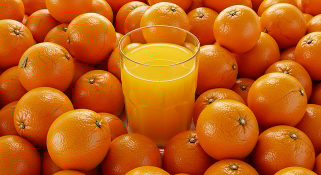 A vibrant glass of refreshing orange juice surrounded by a pile of ripe, juicy oranges. photo