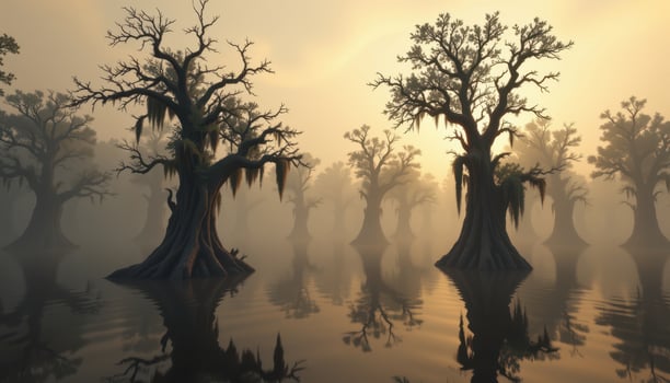 Ethereal Misty Landscape with Ancient Trees and Still Water at Sunrise photo