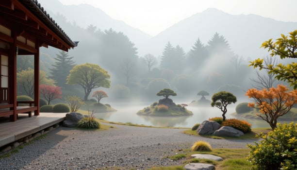 Serene Japanese Garden with Misty Mountains and Tranquil Pond at Dawn photo