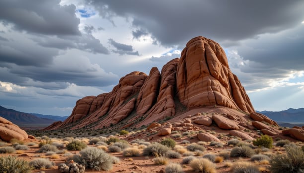 Dramatic Landscape of Unique Rock Formations under Cloudy Sky in Arid Desert Environment photo