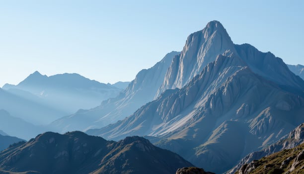 Majestic Mountain Range with Dramatic Peaks under Clear Blue Sky photo