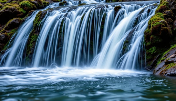 Beautiful cascading waterfall surrounded by lush greenery in a serene natural landscape scene photo