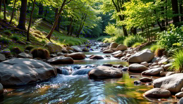 Tranquil Stream Flowing Through Lush Green Forest Surrounded by Smooth River Rocks photo