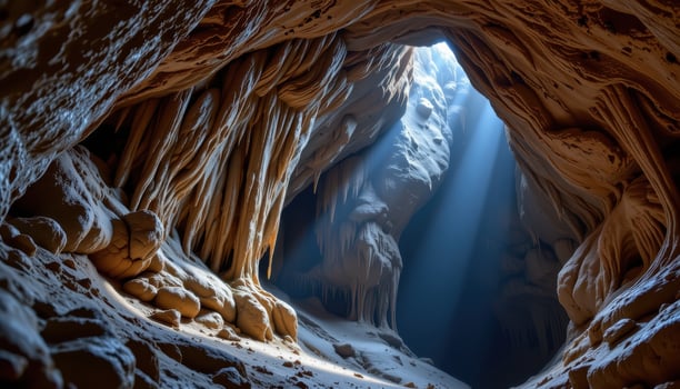 Majestic Cave Interior with Stalactites and Rays of Light Illuminating the Rock Formation photo