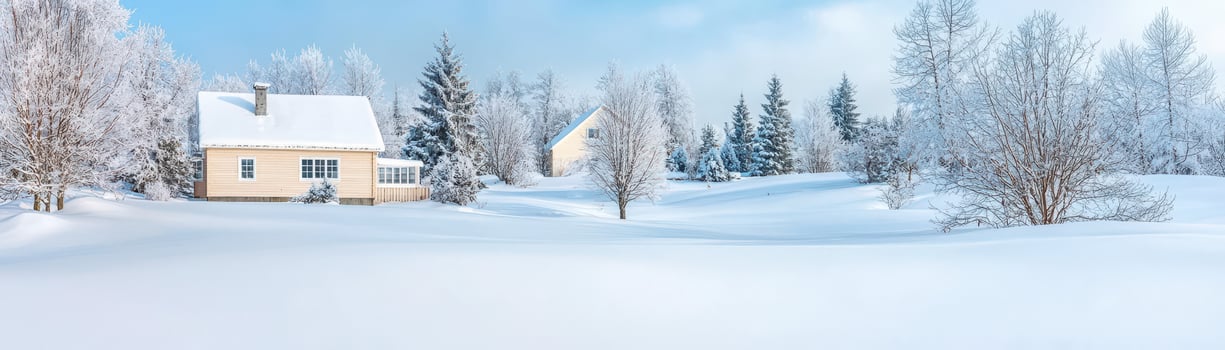 Serene winter landscape with snow-covered trees and cozy homes under a blue sky. photo