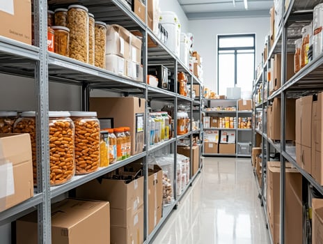 Organized shelves filled with boxes and jars in a warehouse environment. photo
