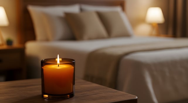 Aromatherapy candle flame centered with soft bedroom background, useful for web hero images, lifestyle promos, or meditation content. photo