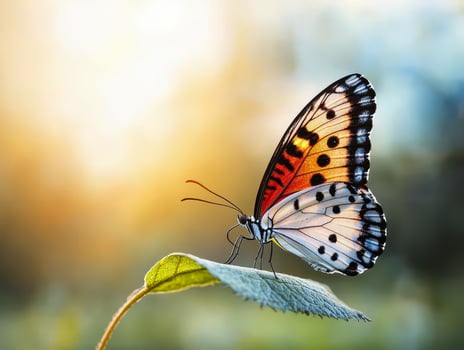 Colorful butterfly resting on green leaf with soft sunlight background, peaceful nature scene with delicate insect wings photo