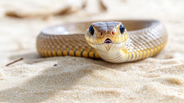 Close up of slow motion snake slithering on sandy ground with detailed scales and focused eyes in natural light photo