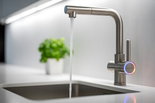 Modern kitchen faucet with running water over stainless steel sink photo