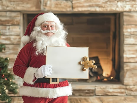 Cheerful Santa Claus holding blank sign with gingerbread cookie in front of cozy fireplace, festive holiday spirit photo