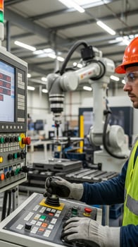 Skilled Engineer Precisely Operating an Industrial Robotic Arm Control Panel photo