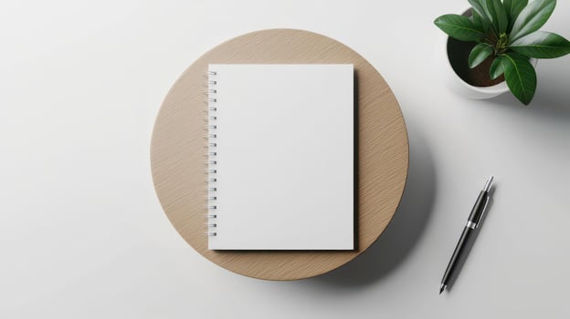 Blank notebook on wooden table with pen and plant, minimalist workspace. photo