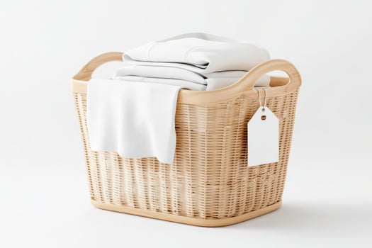 Woven basket with clean, folded towels on a white isolate background photo