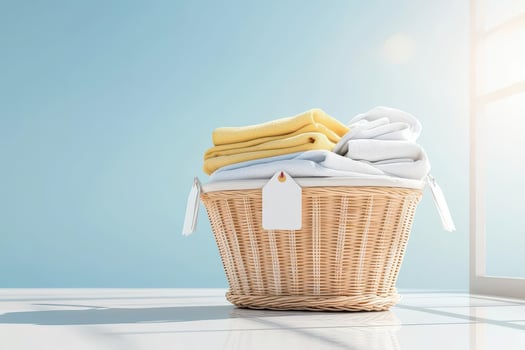 Laundry basket filled with clean towels, bright and sunny room, minimalist style. photo