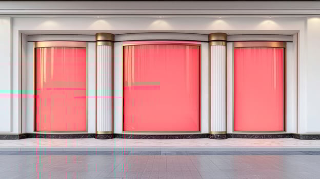 Elegant storefront with pink curtains and classic architectural details. photo