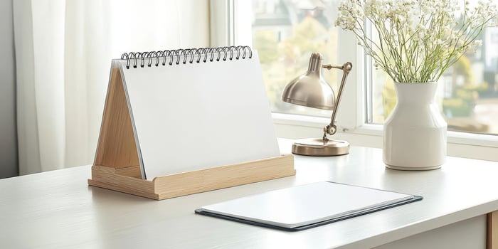 Minimalist desk setup with a blank calendar and potted plant in natural light. photo