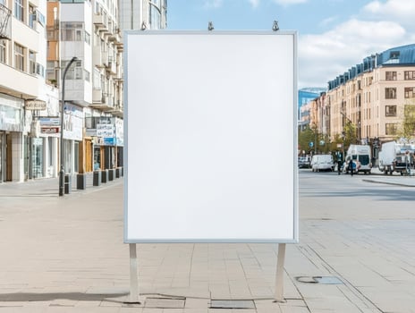 Blank advertising billboard on city street, clear sky and urban backdrop. photo