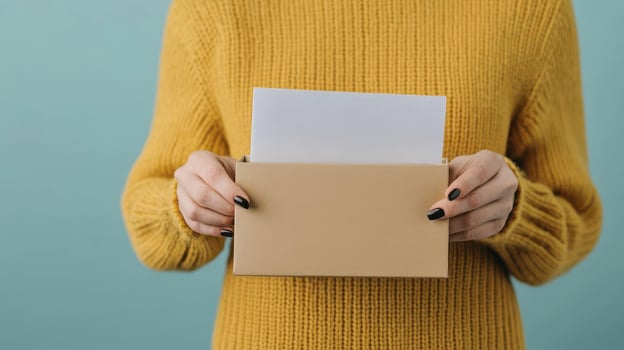 Person holding an envelope with a letter, wearing a cozy yellow sweater. photo