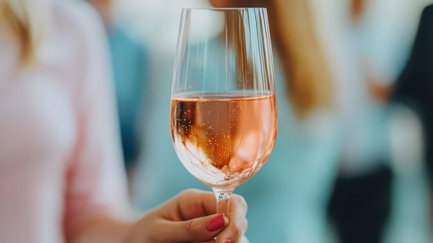 A hand holding a glass of rose wine, elegantly captured in soft focus. photo
